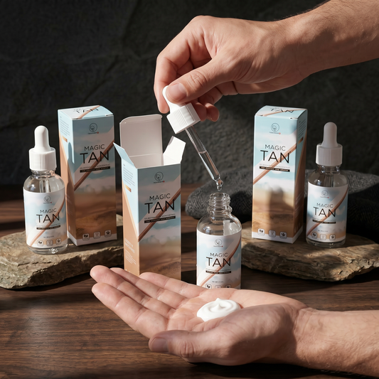 Magic Tan Face Glow Drops Selbstbräuner für Männer im schwarzen Fläschchen mit goldener Schrift