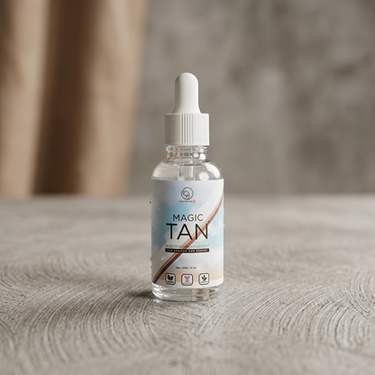 Magic Tan® Tanmaxxing Drops for men with applicator bottle and skincare cream background