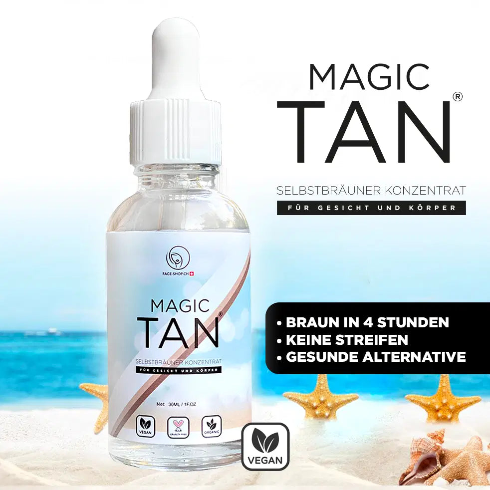 Magic Tan® Vegan Self-Tanning Drops bottle and packaging for natural plant-based tan