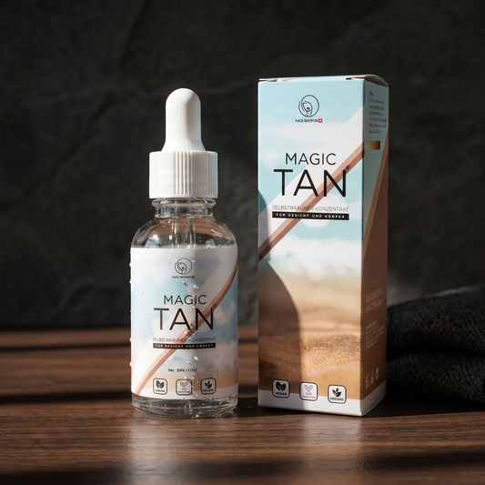 Magic Tan® Face Glow Drops bottle for men on black background, natural self-tanner for defined facial contours