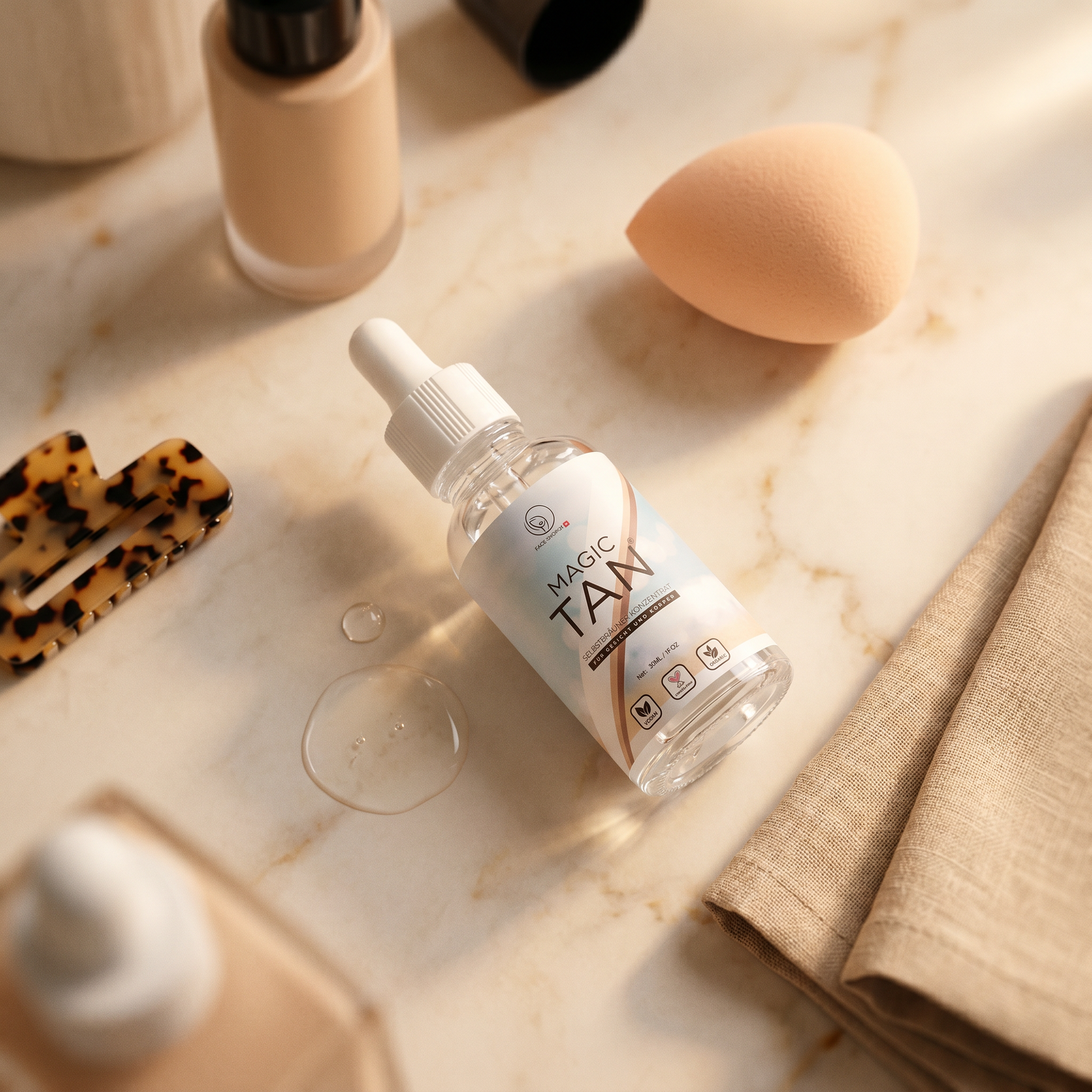 Magic Tan® Foundation Glow Drops mixed in foundation for natural face glow boost