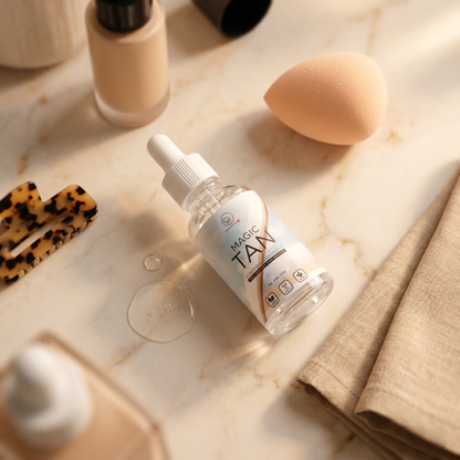 Magic Tan® Foundation Glow Drops mixed in foundation for natural face glow boost