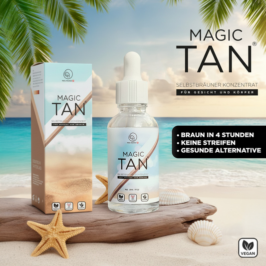 Magic Tan Selbstbräuner drops bottle and packaging on a beach background with starfish and seashells, promoting vegan self-tanning concentrate for face and body.