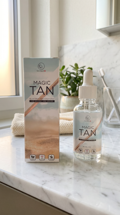 Magic Tan Verpackung und Bottle im Badezimmer