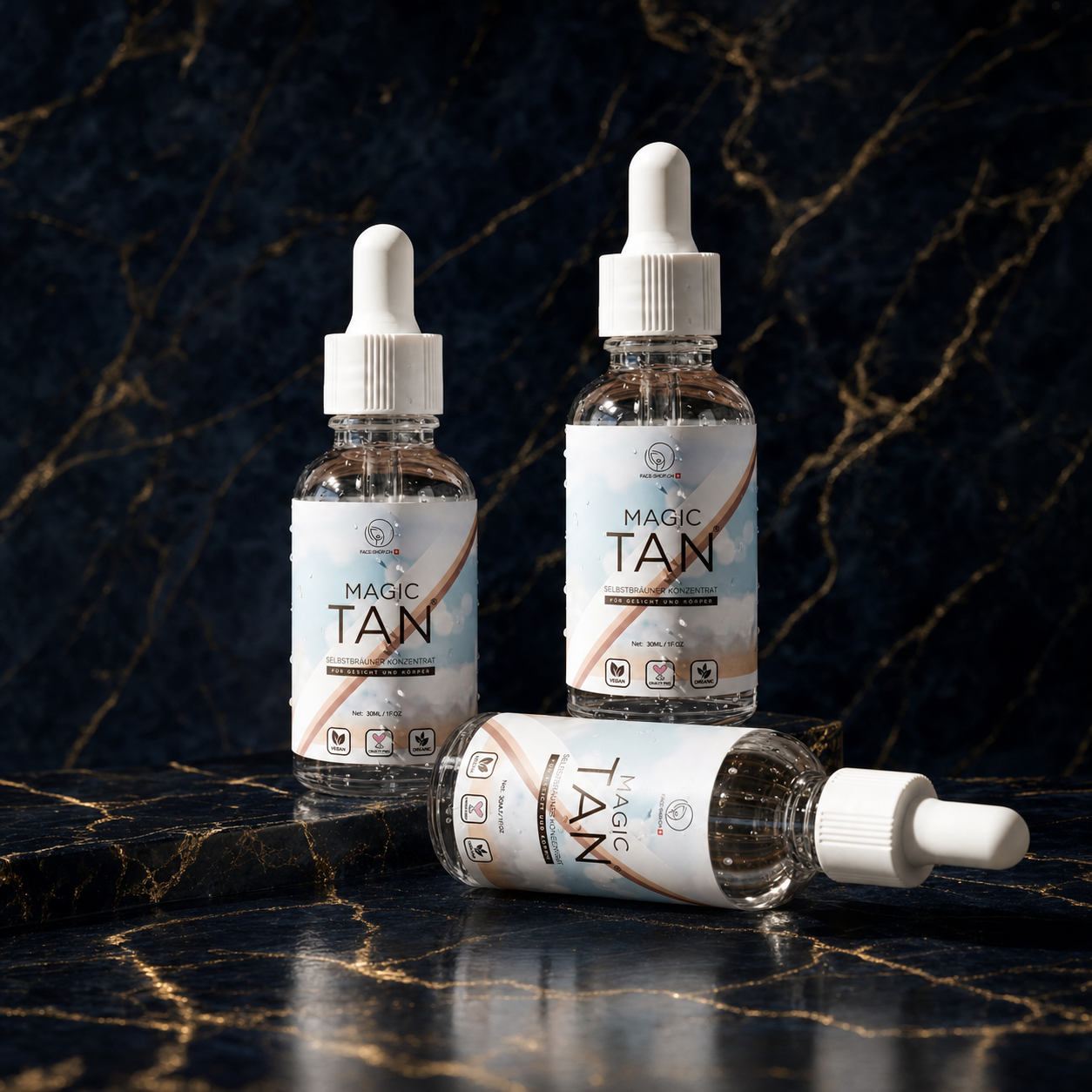 Magic Tan Drops for Men - 3er Jahresvorrat Trio auf dunklem Marmor