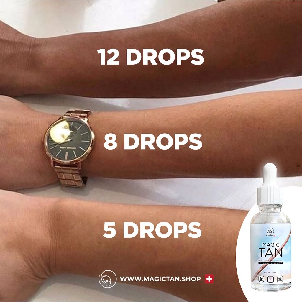 Existing Magic Tan advertising image illustrating different tan intensities on arms, labelled 5, 8 and 12 drops